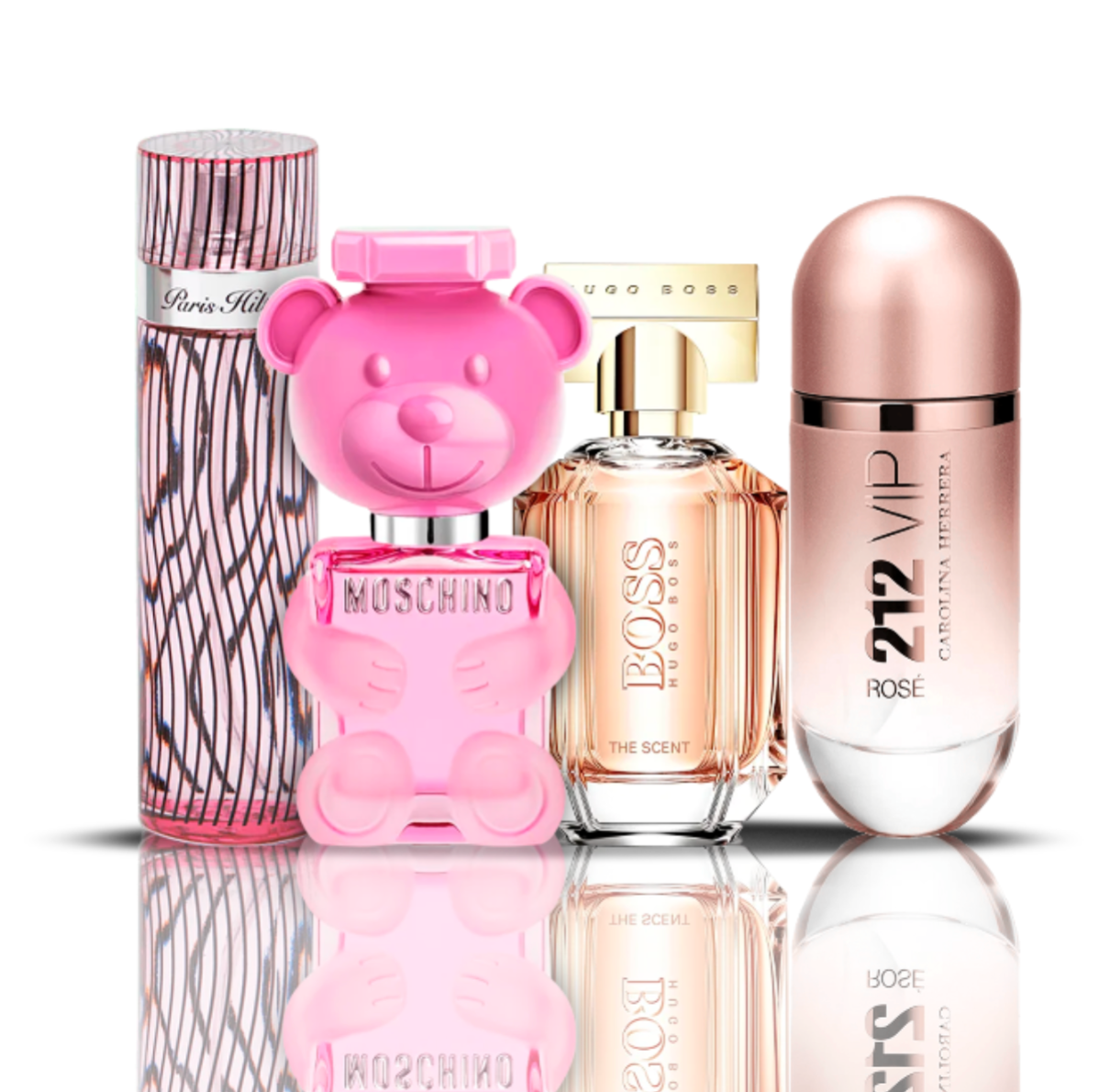 4er-Parfümset | 212 VIP Rose + Moschino Bubble Gum + Hugo Boss The Scent + Paris Hilton 100 ml