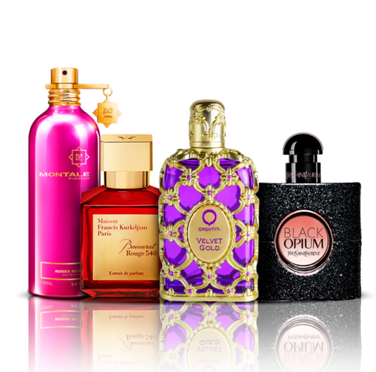 4er-Parfümset | Orientica Velvet Gold + Baccarat Rouge + Black Opium + Montale Roses Musk 100 ml